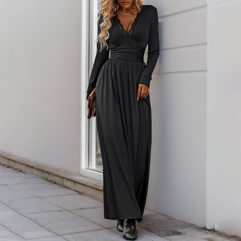 Women's Solid-Color V-Neck Elegant Lace Bodycon Split Dress