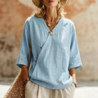 Women's Solid-Colored Cotton-Linen Button-Up Top