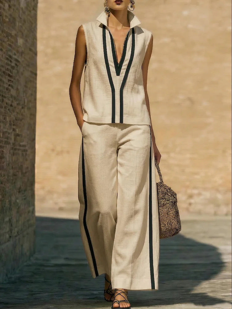 Womens Contrasting-Color Sleeveless Single-Breasted Vest And Drawstring Pants Set