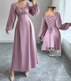 Women's Fashion Square-neck Tie-waist Figure-flattering A-line Dress With Long Sleeves And An Elegant Vibe