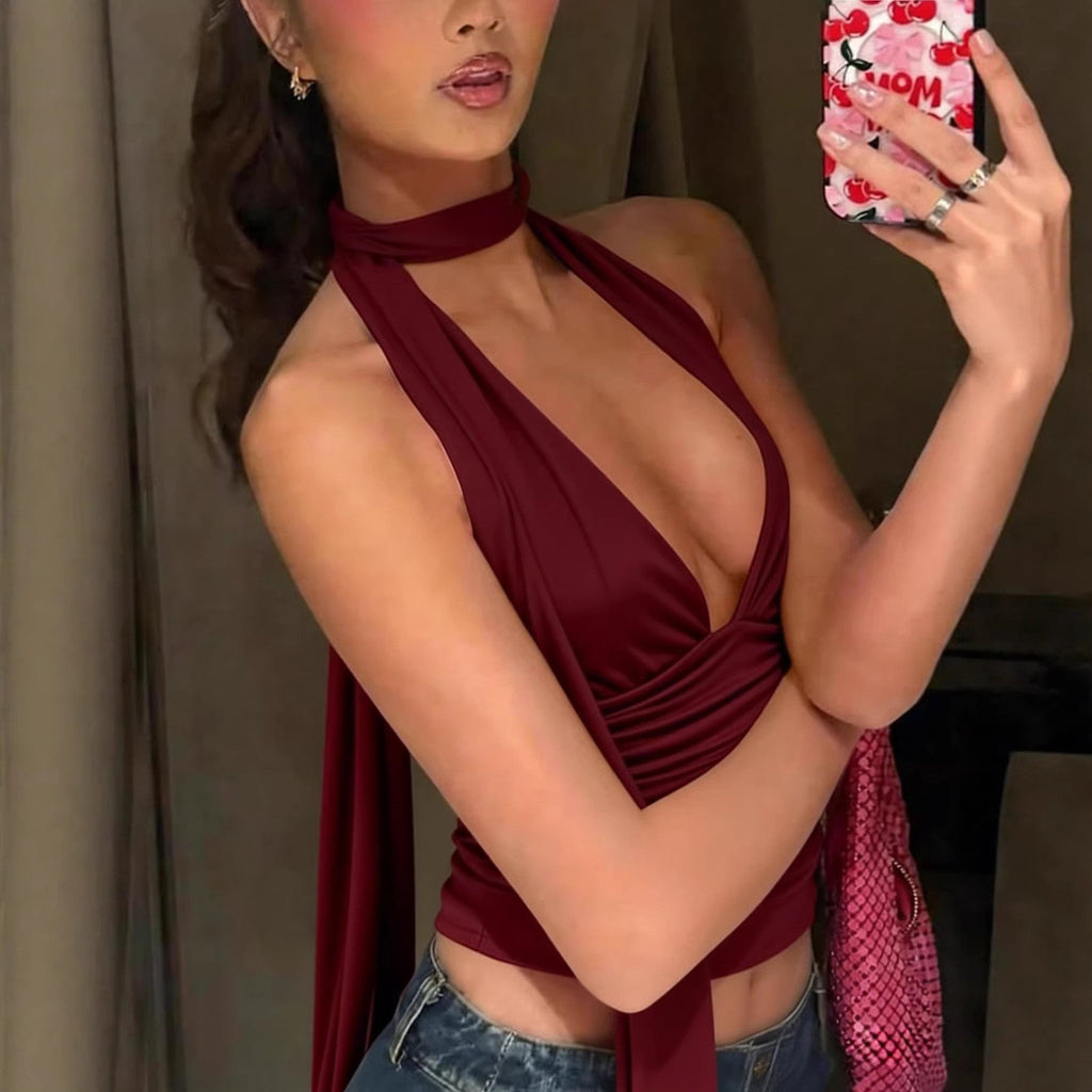 Deep V-neck Ruched Slim-fit Backless Short Womens Top