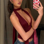 Deep V-neck Ruched Slim-fit Backless Short Womens Top
