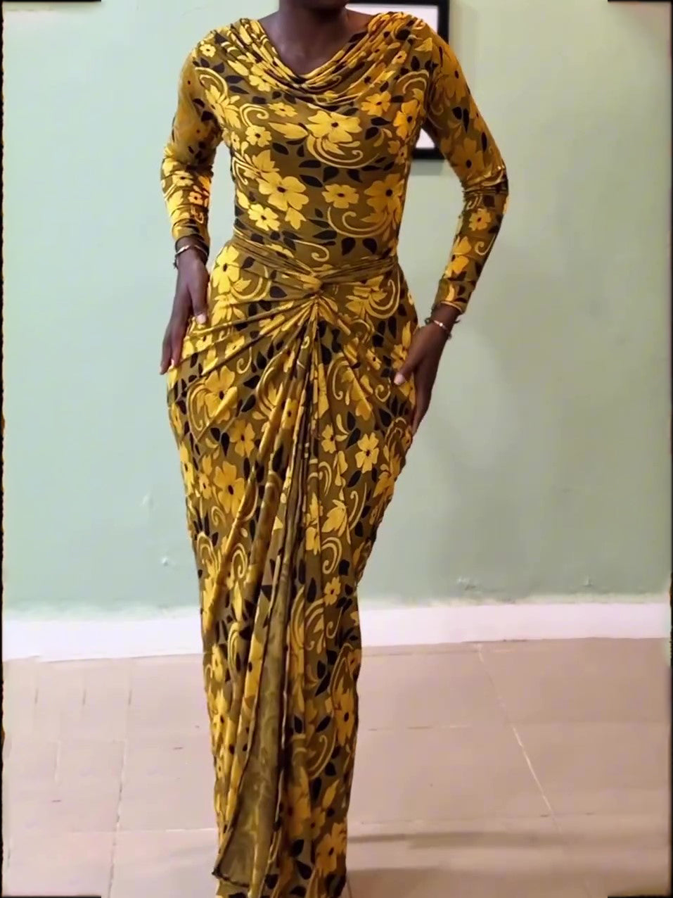 Floral Print Cowl Neck Waist-Cinched Maxi Dress