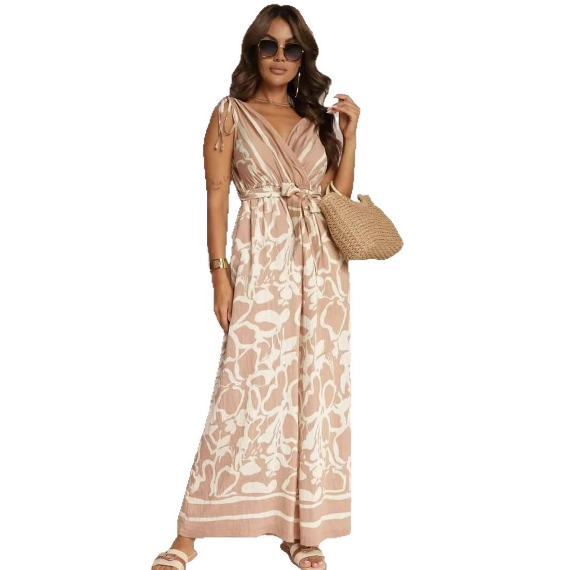 Women's Fashionable Casual V-Neck Printed Sleeveless Jumpsuit