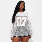 Fashionable Solid-Color Loose-Fit Versatile Lace Sheer V-Neck Top