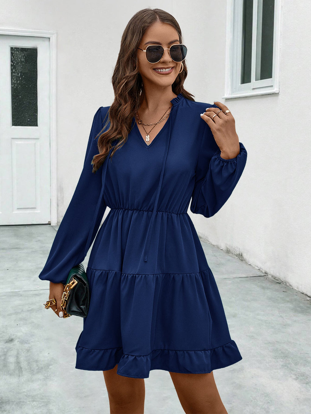 2024 FallWinter New Women's V-neck Lace-up Long-sleeve Dress