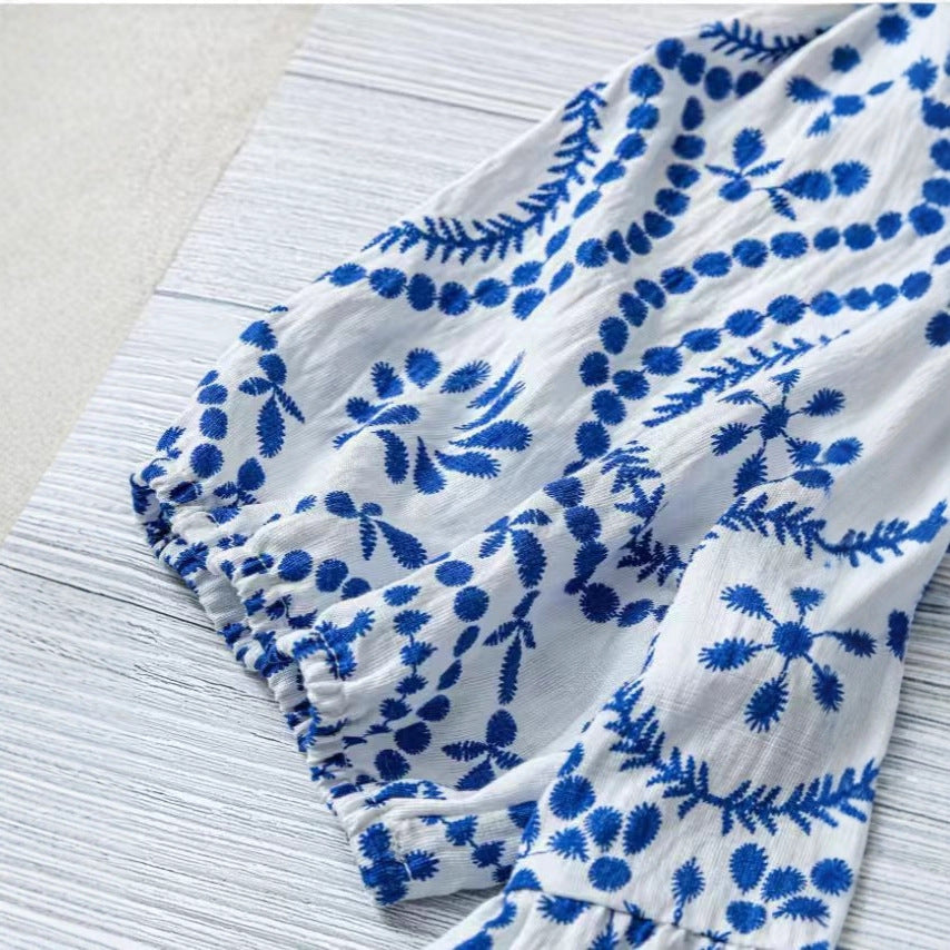 Women's Vintage-print Loose-fit V-neck Short-sleeve Blouse