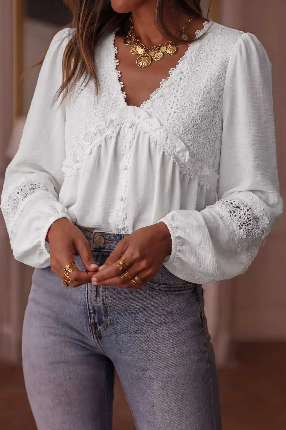 White Guipure Lace Frill Sleeve Blouse Women UK | Elegant