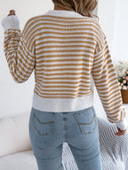 Women Color Block Stripe Lantern Sleeve Short Cardigan Sweater