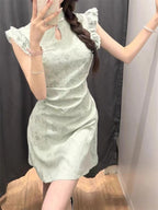 Women's Cinched-waist Bishop-sleeve Green New Chinese-style Dress
