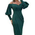 Women's Strapless Halter Neck Lantern-sleeve Waist Cinching Pleated Dress