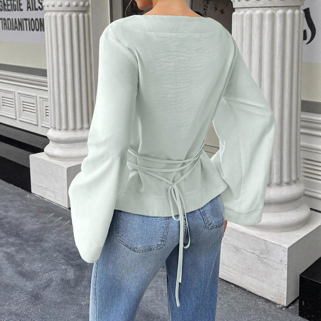 Women's Round-neck Woven Blouse With Flared Long Sleeves