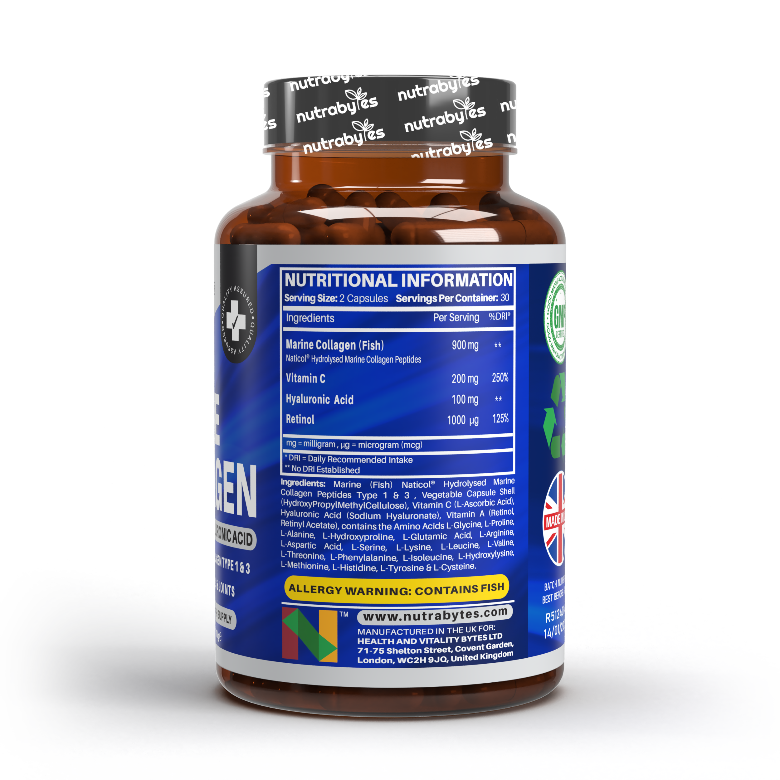 Marine Collagen Capsules Types 1 & 3 with Hyaluronic Acid & Vitamin C | 60 Capsules | 1-Month Supply | UK Made