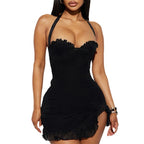 French-style Lace Side-slit Dress With Neck Tie For Women