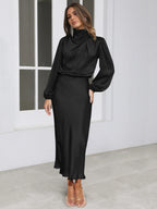 Elegant Temperament Long-sleeved Dress Satin Halterneck Formal Evening Dresses Women Clothing