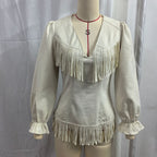 Women's Casual V-Neck Knitted Solid-Color Tassel Jacket