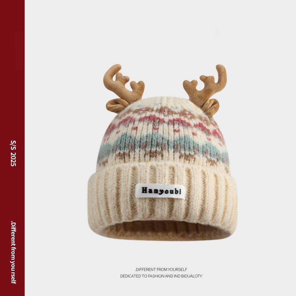 Women's Knitted Hat With Christmas Antlers Thick Warm And Adorable