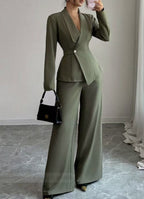 Solid-color Long-sleeve Straight-leg Pants Set For Women