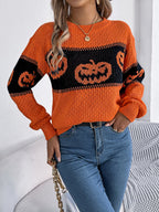 Women Pumpkin Head Color Block Long Sleeve Pullover Sweater