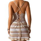 Women Knitted Spaghetti Strap Dress Summer Stripes Twisted Crochet Cutout Party Mini Dress For Beach Cocktail Nightclub