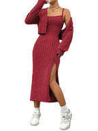 Ribbed Long Sleeve Cropped Cardigan and Slit Cami Dress Set