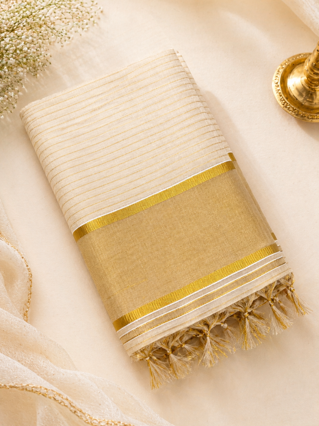 Elegant Kerala Kasavu Saree with Golden Border – Traditional Off-White Saree