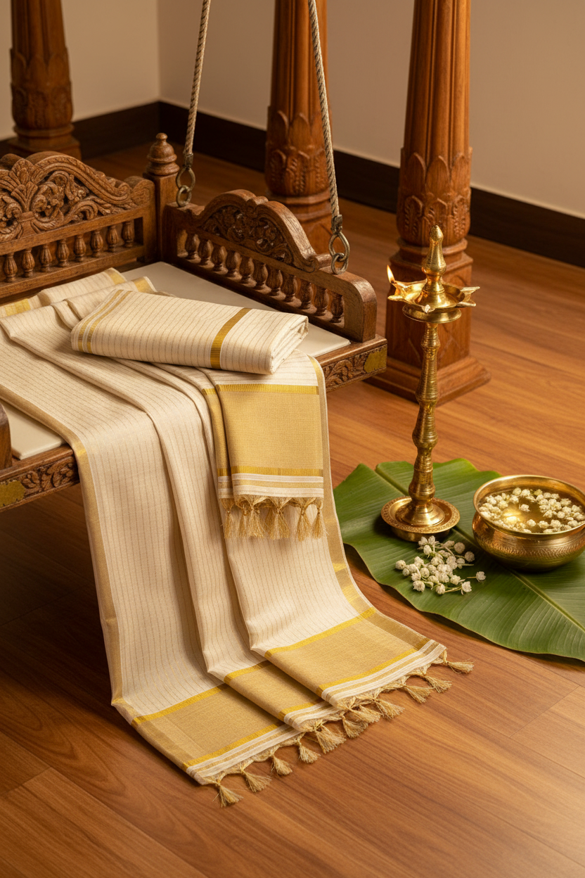 Elegant Kerala Kasavu Saree with Golden Border – Traditional Off-White Saree