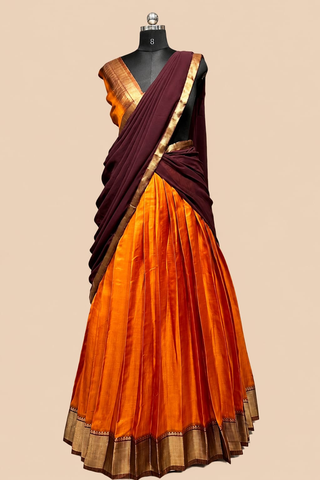 Burnt Orange Silk Half Saree Lehenga Set | Deep Maroon Dupatta | Gold Zari Border | Unstitched Blouse | One Size | Made in Kerala