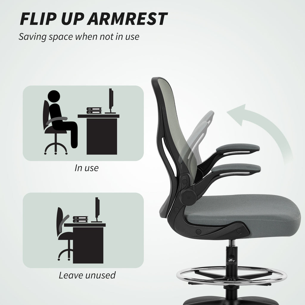 Vinsetto Drafting Chair, Ergonomic Tall Office Chair with Flip-up Armrests, Mesh Back, Lumbar Support, Adjustable Height and Foot Ring, Swivel Wheels, for Standing Desk, Charcoal Grey