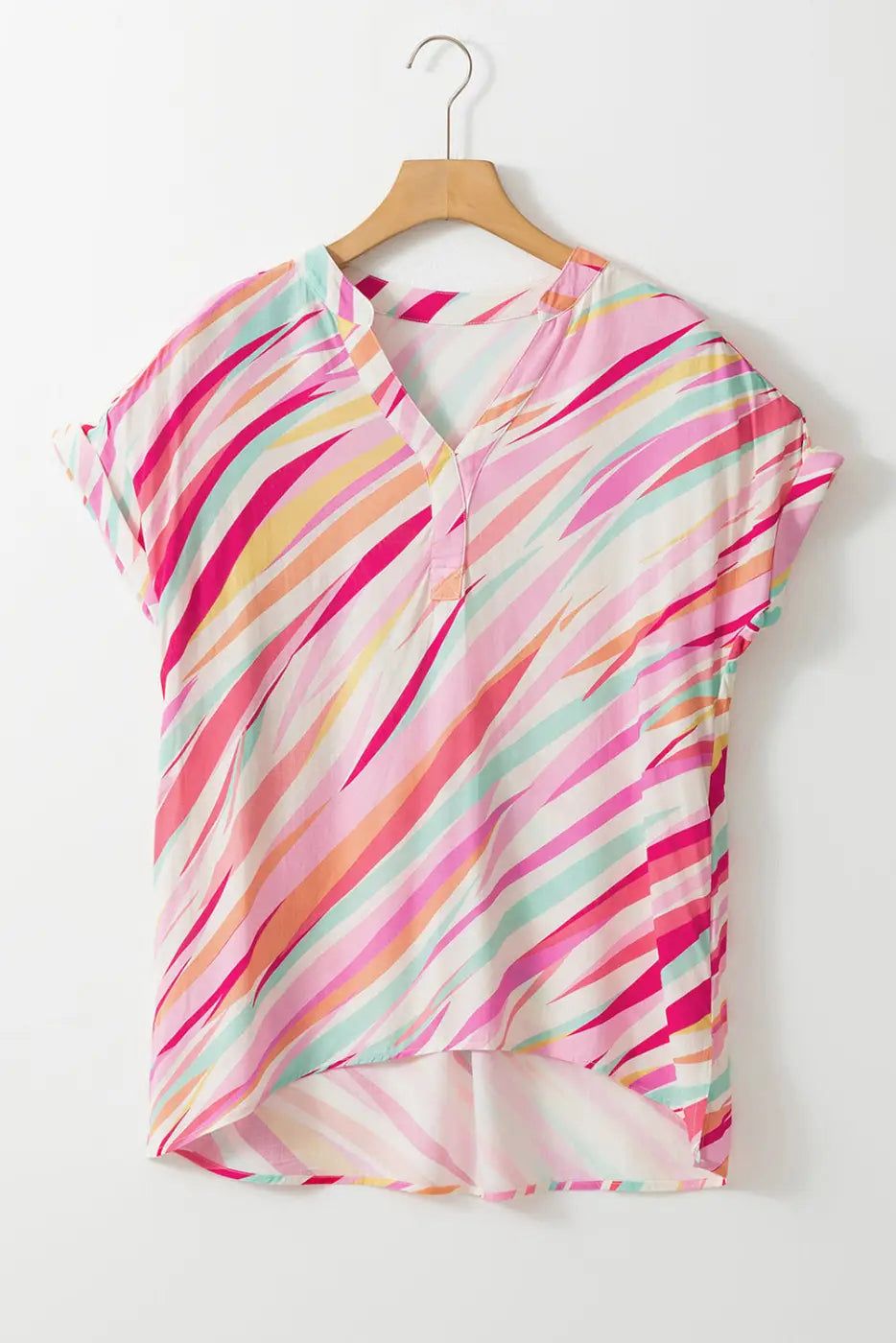 Abstract Print High Low Hem Short Sleeve Blouse Women UK