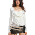 Pure And Alluring Lace-embellished Halter-neck Slash-neck Long-sleeve Top
