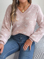 Women Sweet Color Block Heart Lantern Sleeve Pullover Sweater