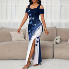 Women's Fashion Color-Block Butterfly Print Off-the-Shoulder Slit Maxi Dress
