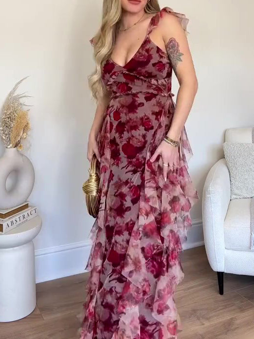 Elegant Floral Ruffled Suspender Dress