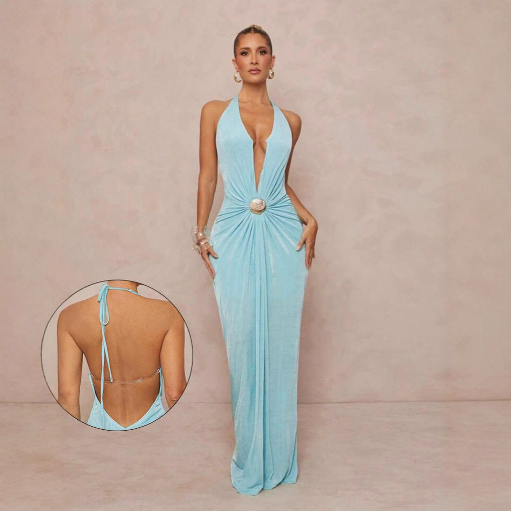 Deep V-neck Halter Dress With Open Back For Beach Vacations