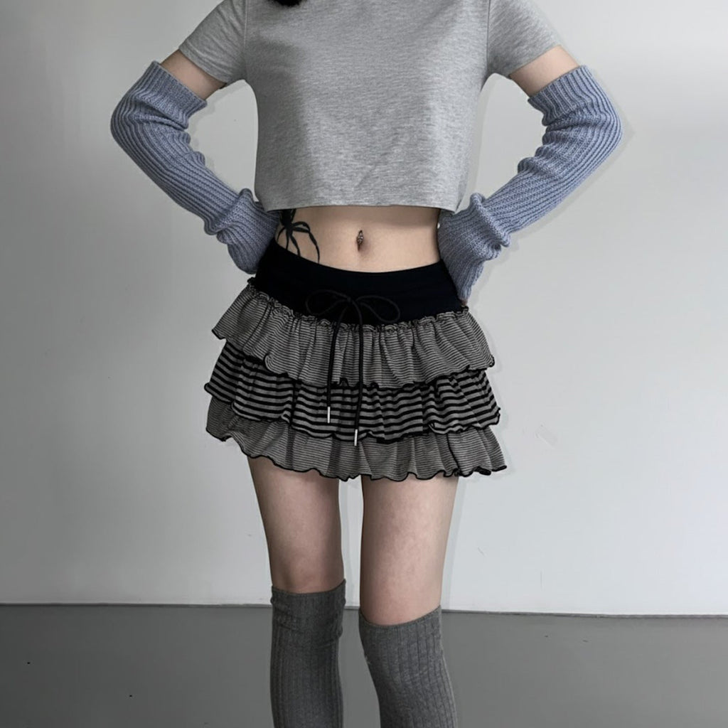 Contrast-color Striped Figure-flattering Layered Ruffle Cake Skirt