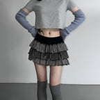 Contrast-color Striped Figure-flattering Layered Ruffle Cake Skirt