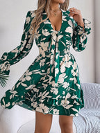 Women's Floral Long Sleeve Scalloped Hem A-Line Dress