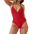 Women's V-neck Backless Solid Color Swimsuit