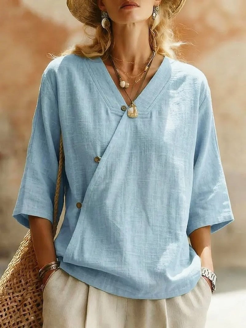 Women's Solid-Colored Cotton-Linen Button-Up Top
