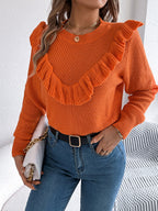 Women Elegant Solid Color Ruffled Long Sleeve Pullover Sweater