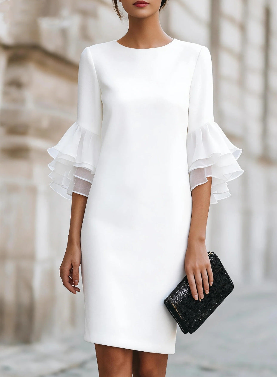 Womens Solid-Colored Ruffle-Trim Flared-Sleeve Slim-Fit Dress