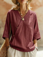 Women's Solid-Colored Cotton-Linen Button-Up Top