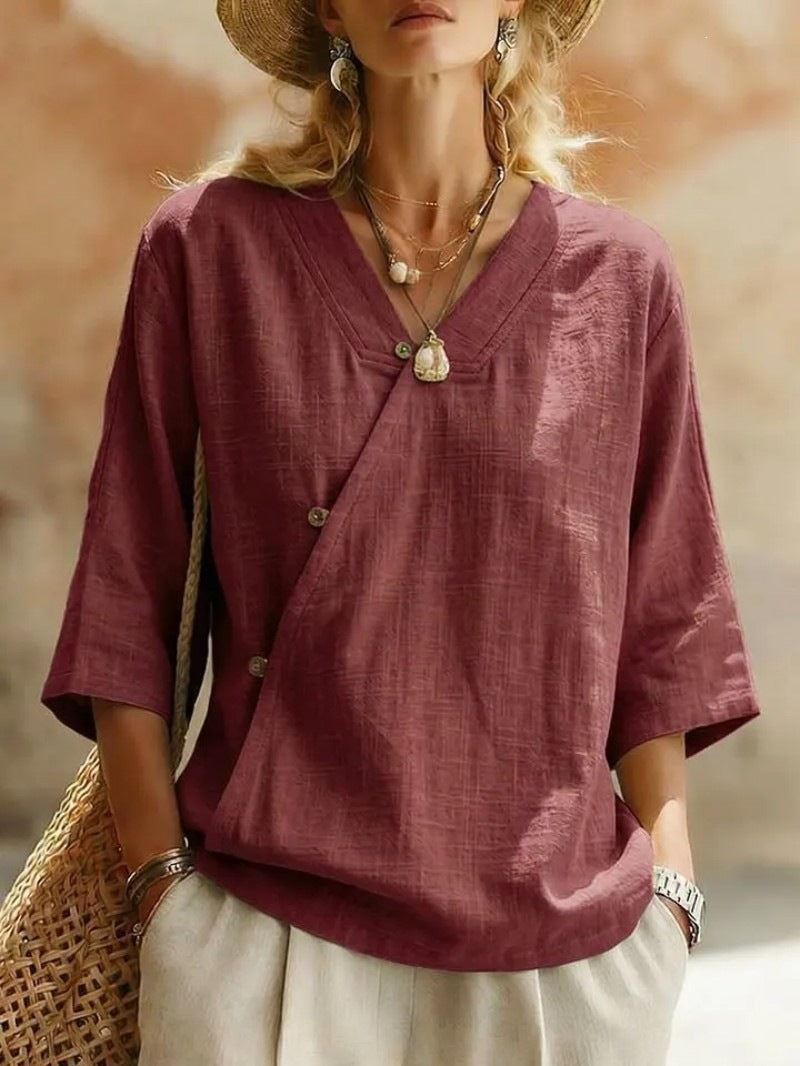 Women's Solid-Colored Cotton-Linen Button-Up Top