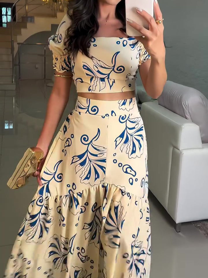 Holiday Print Short Sleeve Top & Elastic Waist Skirt Set