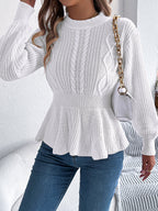 Women Solid Color Cable Knit Cinched Waist Ruffled Long Sleeve Pullover Sweater