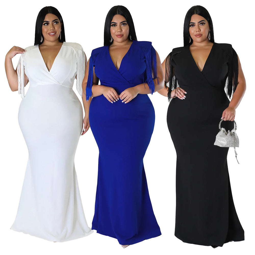 Women's Plus-Size Tassel V-Neck Long-Sleeve Slim-Fit Dress