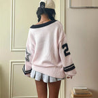 Contrast Color Digital Jacquard Loose-fitting V-neck Long Sleeves Sweater