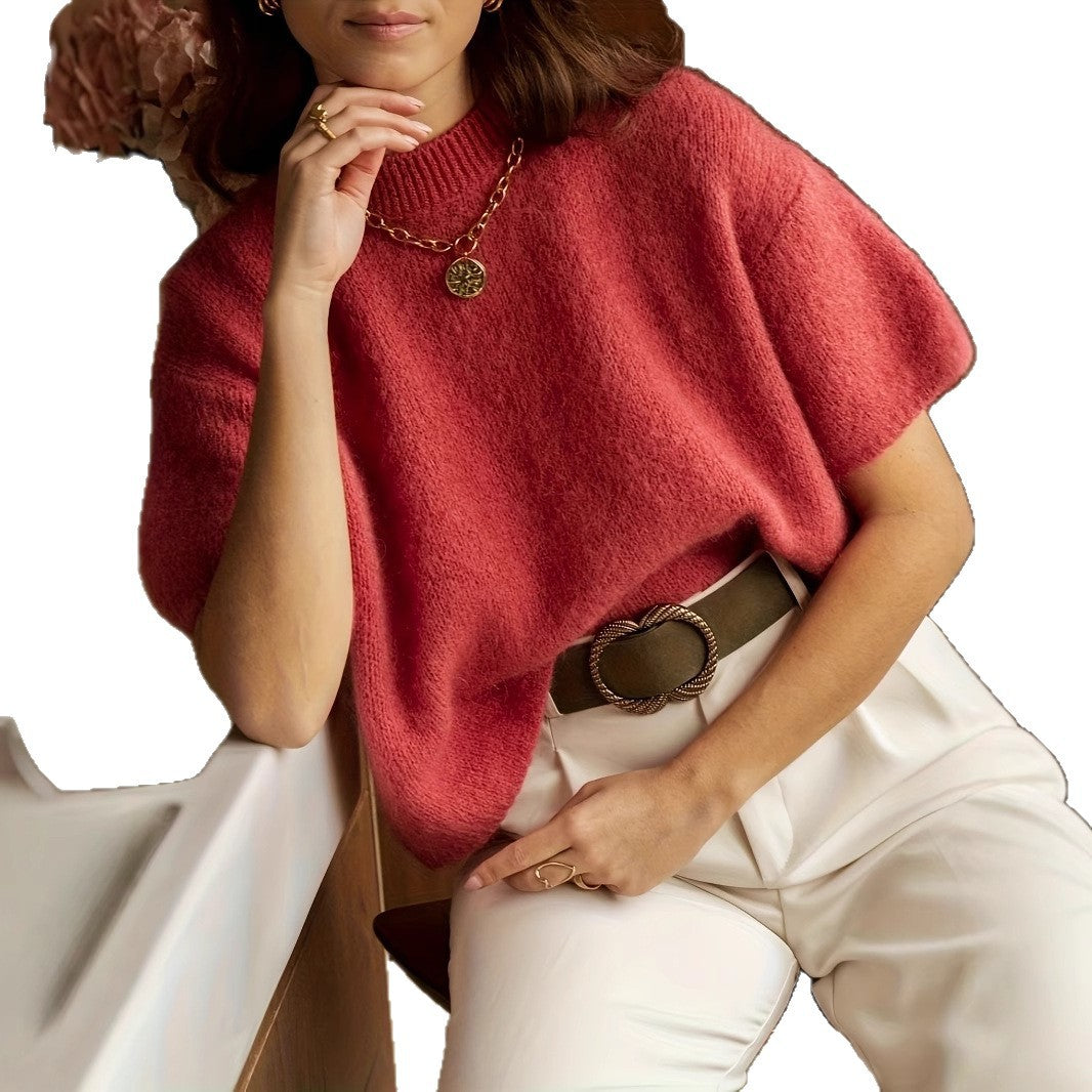 Retro Crew-neck Short-sleeve Sweater Top
