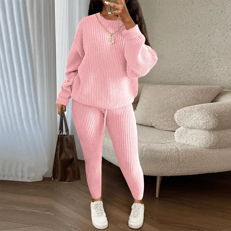 Women's Winter Ribbed Knit Co-ord Set - Loose Pullover Sweater & Drawstring Pants